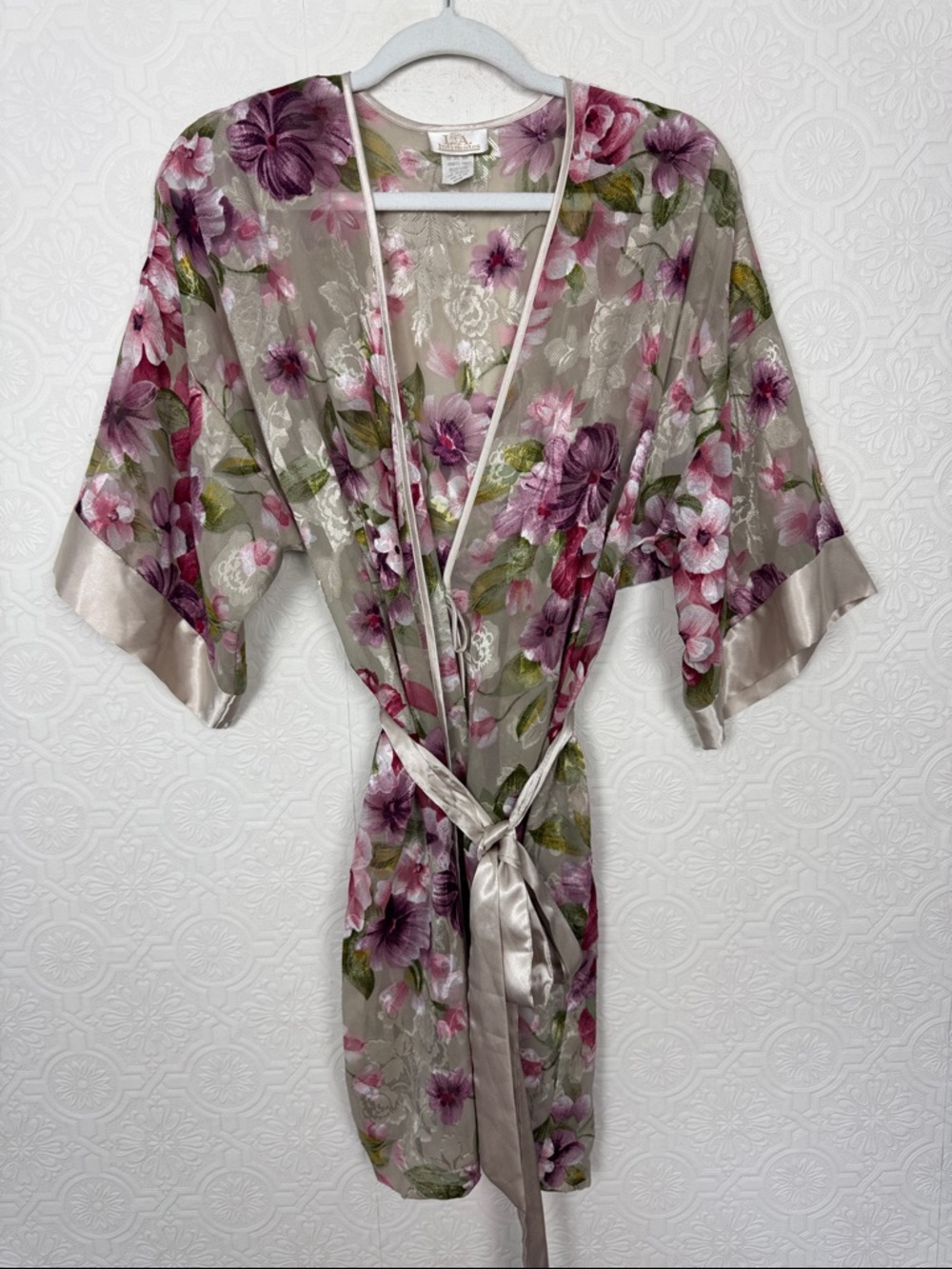 Vintage LA Intimates‎ Floral Sheer Robe Medium Pink Lace Trim Tie Waist Style